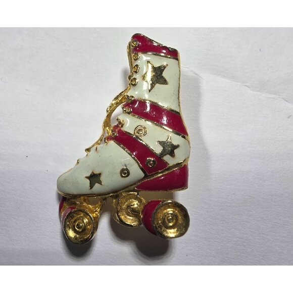 Vtg Gold-Tone Enamel Roller Skate Pin Brooch Red White Star Design retro 80s 70s - Picture 1 of 3